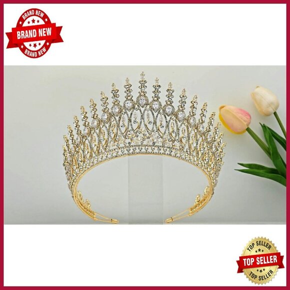 Large Gold Plated Crown with CZ Stones for Weddings & Pageants main image 5